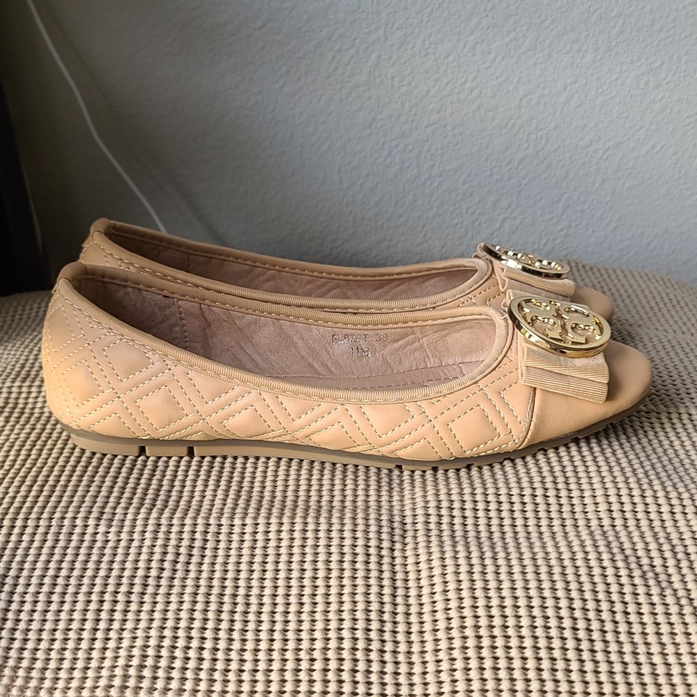 Tory Burch Nude Color Quilted Leather Flats